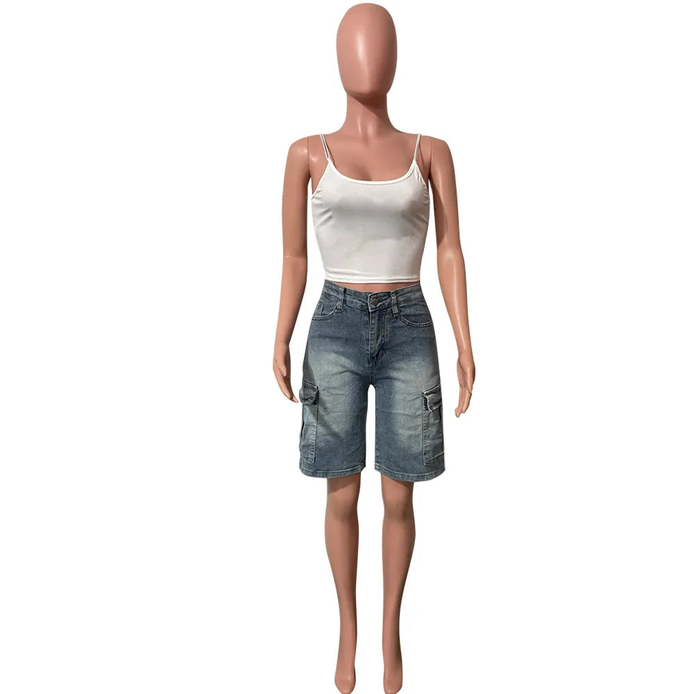 2025 Summer Women Fashion Pockets Denim Cargo Shorts Washed Stretchy High Waist Knee Length Short Jeans Casual Female Streetwear