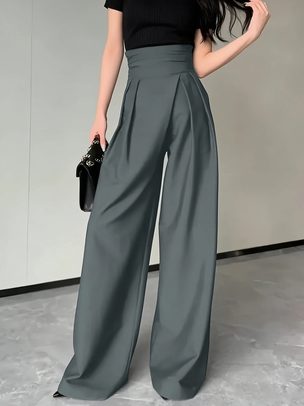 Women's Grey High Waist Wide Leg Suit Pants Pleated Wrap Waist Flowy Palazzo Pants Fashion Spring Summer Office Daily Trousers