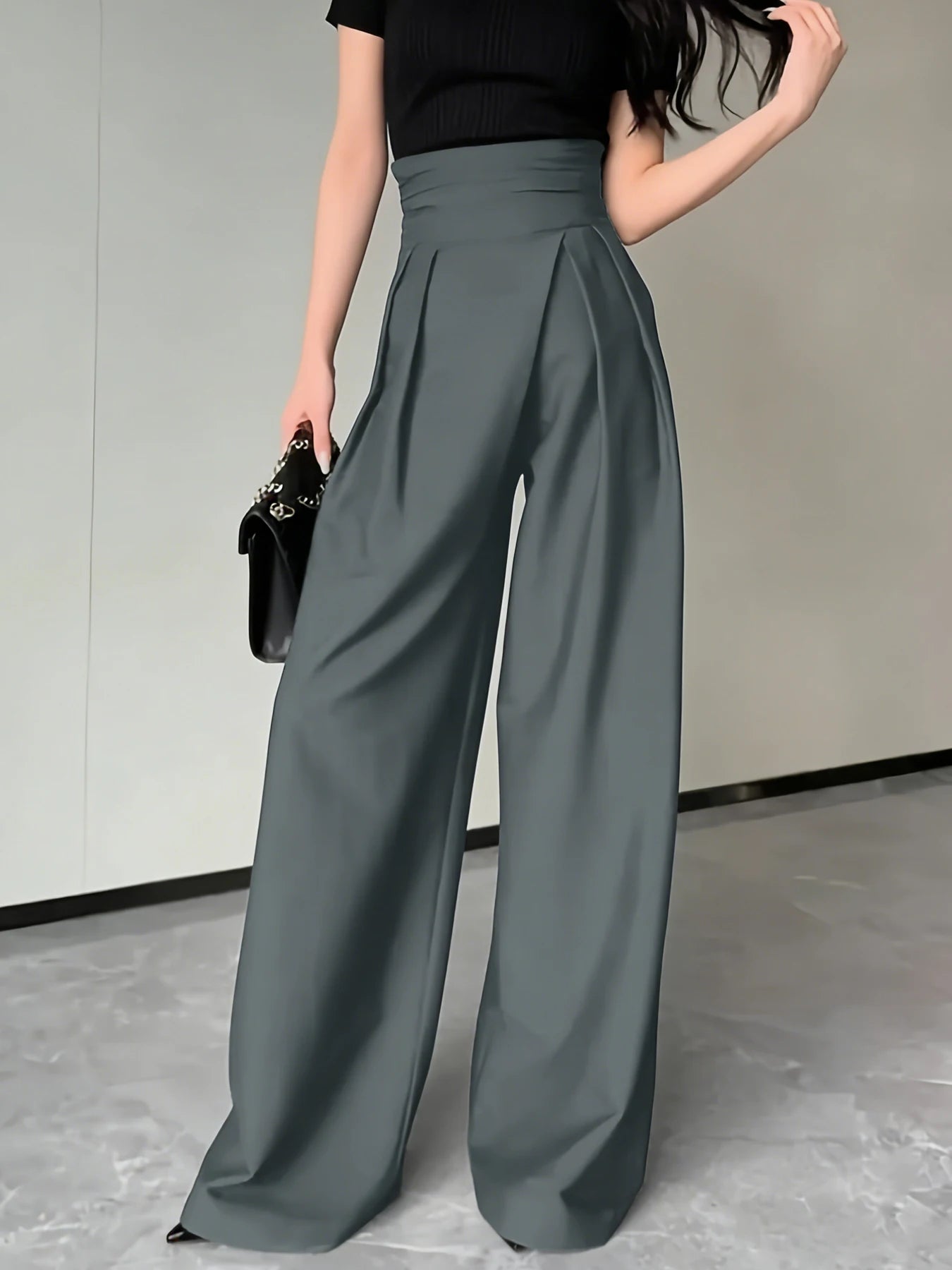 Women's Grey High Waist Wide Leg Suit Pants Pleated Wrap Waist Flowy Palazzo Pants Fashion Spring Summer Office Daily Trousers