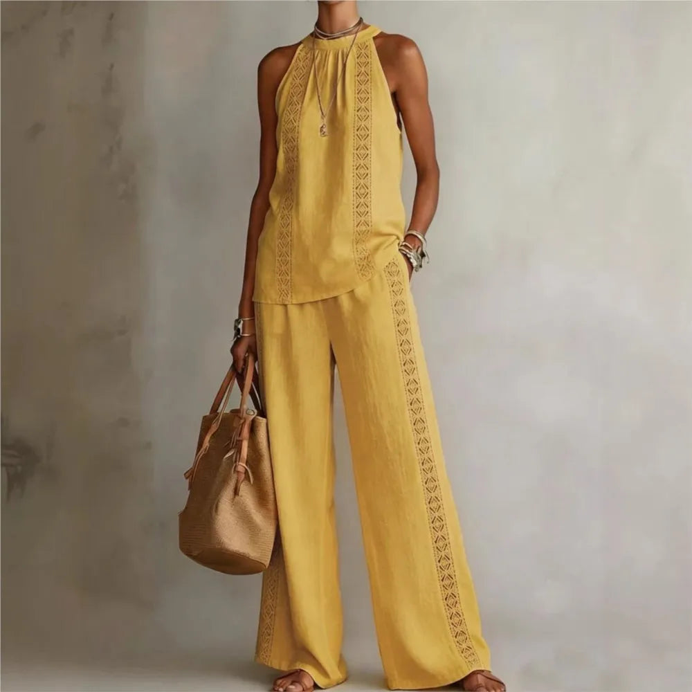 Sexy Halter Neck Sleeveless Tops Women's Office Suit Summer New Fashion Loose Retro Hollow Lace Wide Leg Pants 2-piece Set 2026