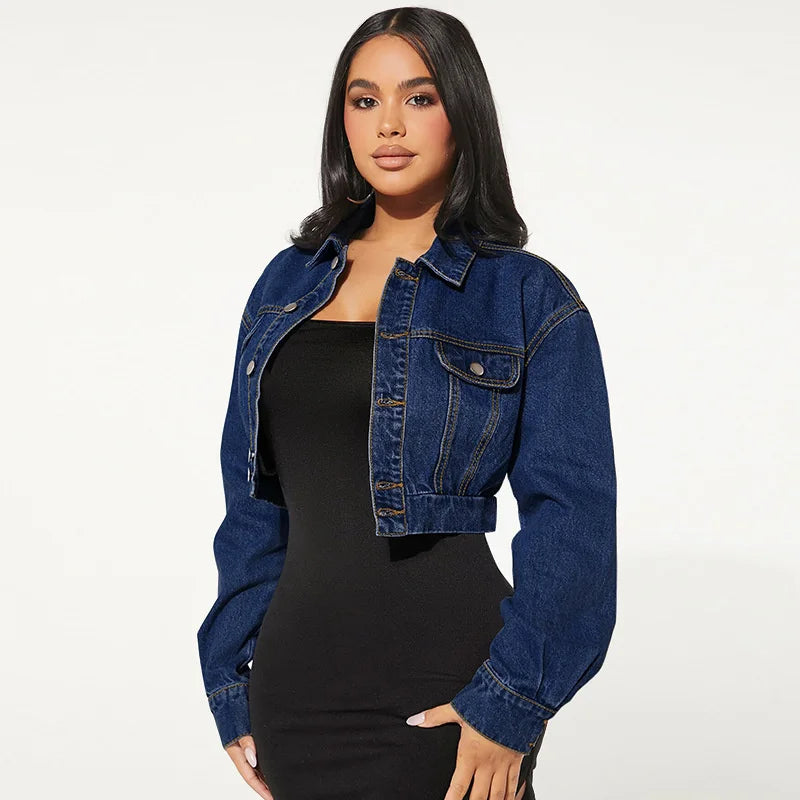 2025 High-waist Denim Extra Short Jacket Women Elastic-waist Jean Coat Spring Autumn Sexy Slim Outerwear Streetwear Casual Tops