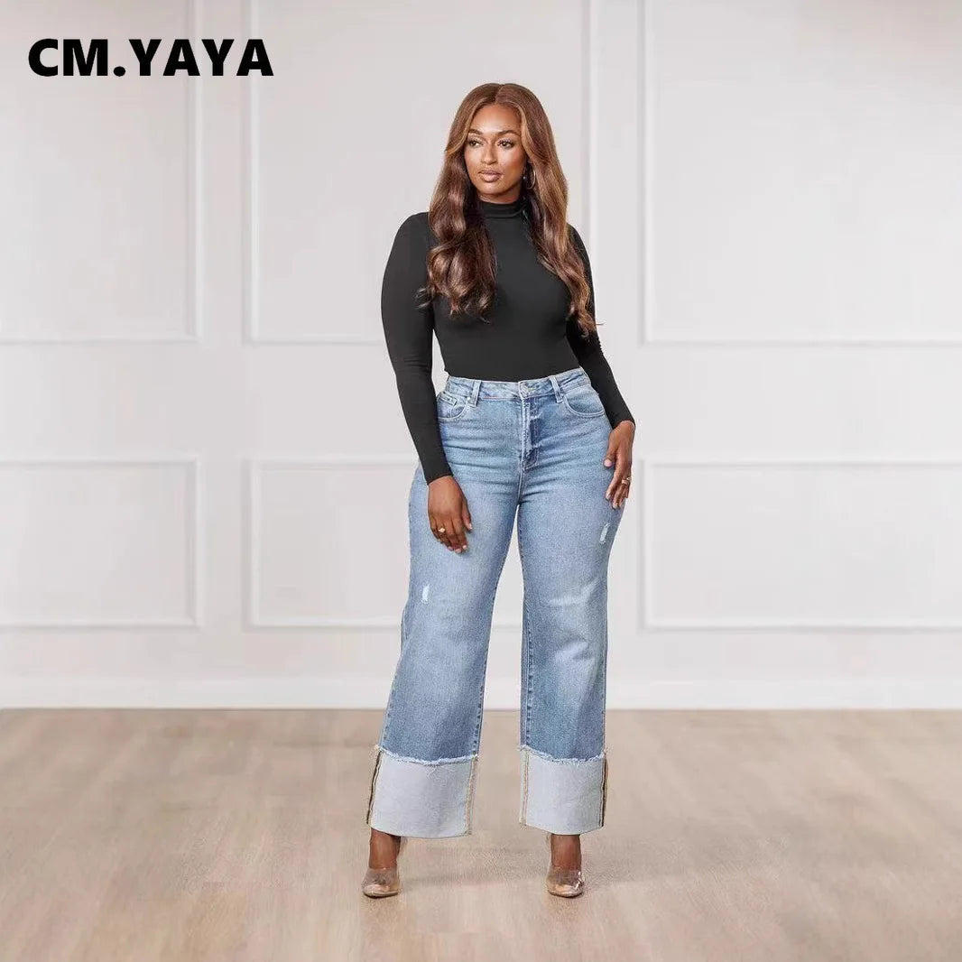 CM.YAYA Women Streetwear Straight Washed Denim Patchwork Wide Leg Jeans Pants 2025 Spring Fashion Ripped Out Party Trousers