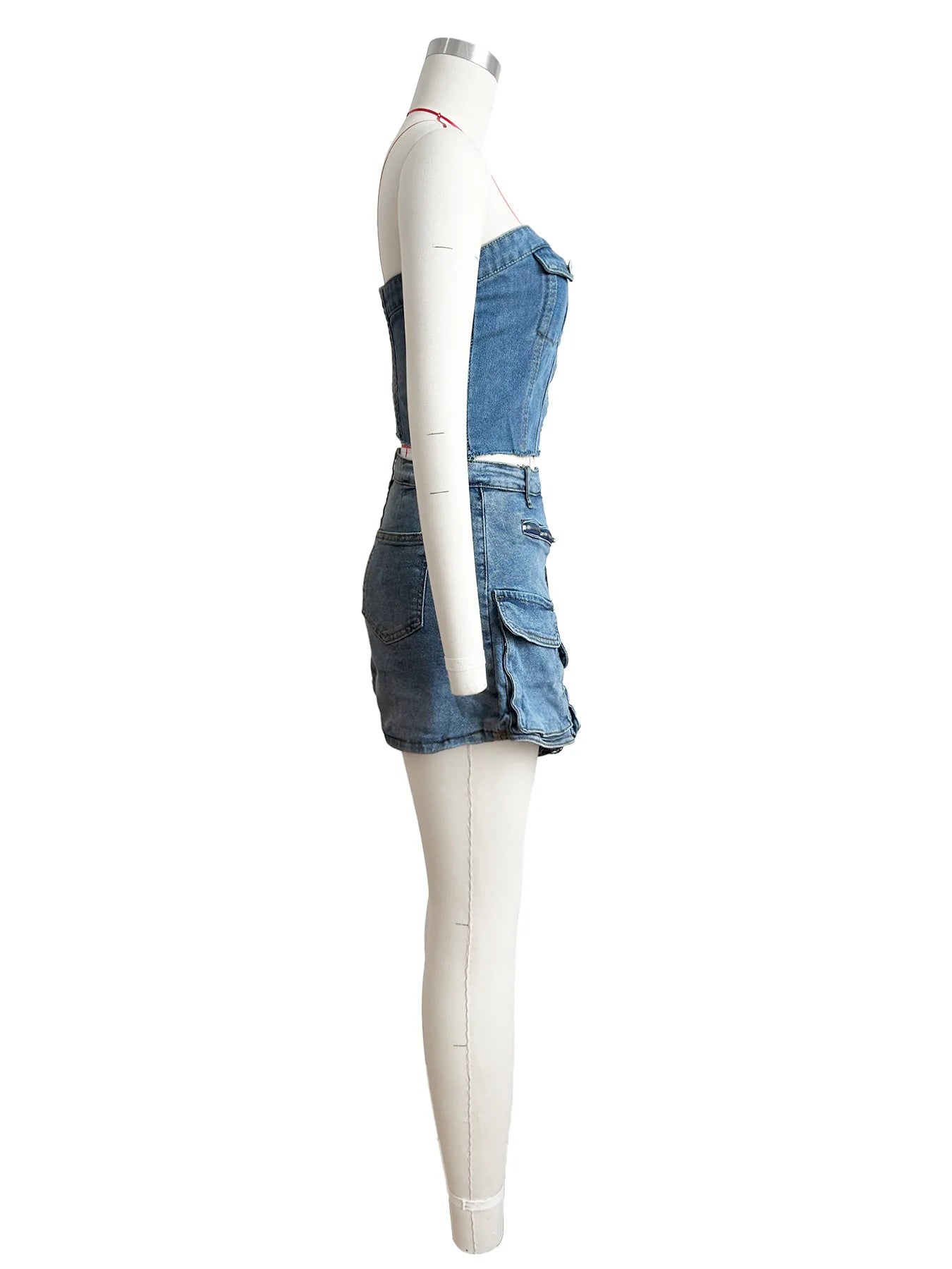 Multi Pockets Jeans Shorts Skirt Outfit Set Sexy Women Elegant Two Pieces Denim Club Matching Set Top+Shorts