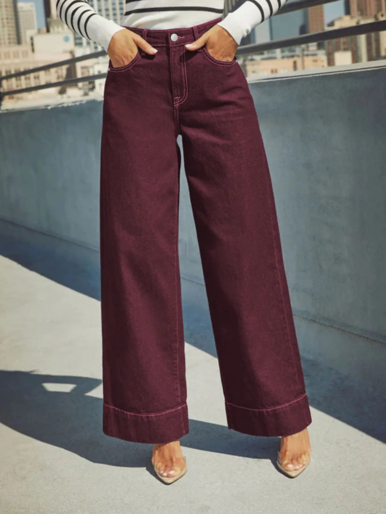 Burgundy women's high waist wide leg jeans stretch denim button placket washed jeans casual outing versatile style