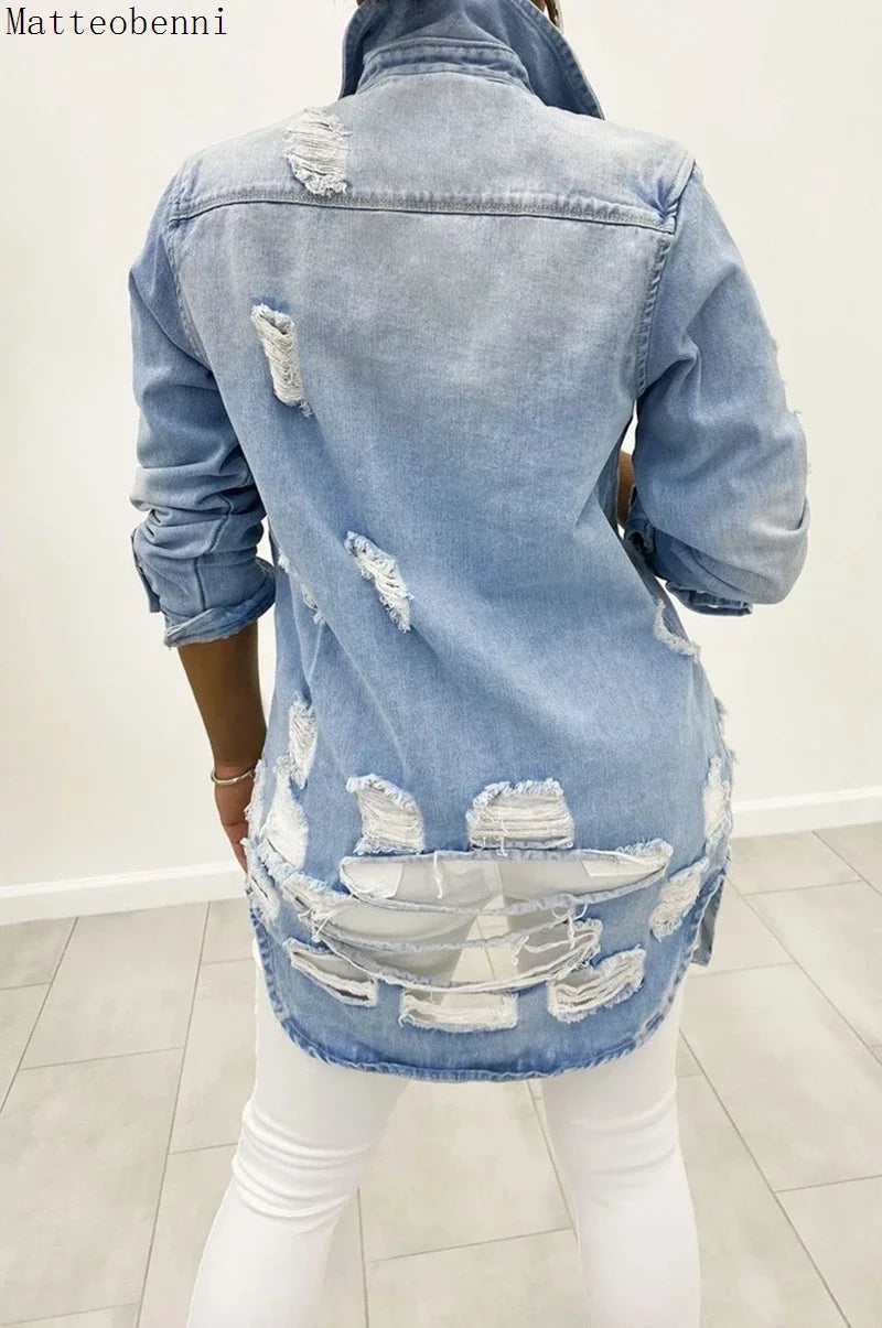 New Autumn Jeans Jacket Women New Sexy Ripped Oversized Denim Jacket Winter Fashion Long Sleeve Denim Jacket Casual Loose Coats