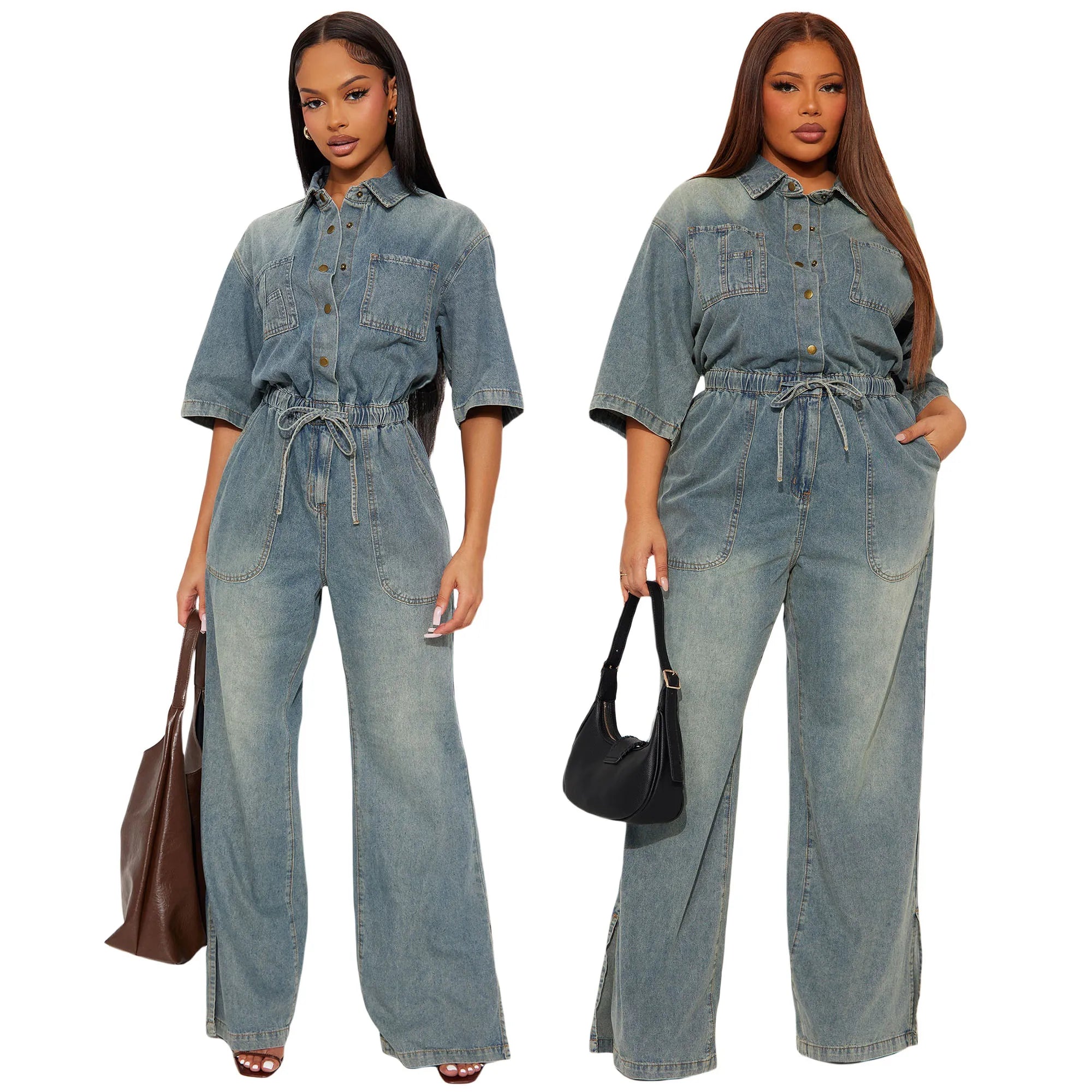 Streetwear Wide Leg Jeans Jumpsuit Sexy Women Turn Down Collar Elegant Denim Straight Romper Overalls