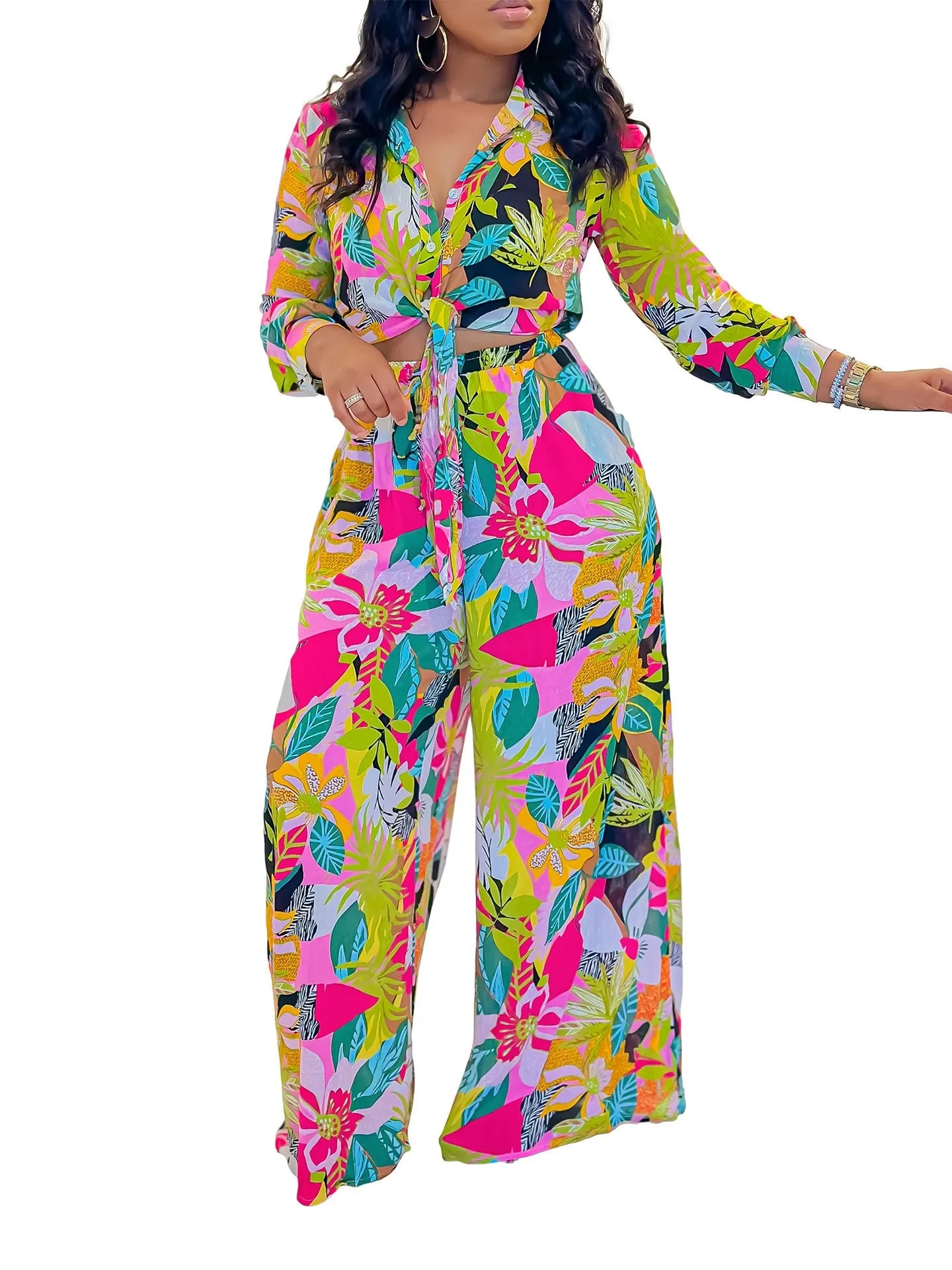 Summer Women's Clothing Floral Print Tie Waist Long Sleeve Shirt And Wide Leg Pants Set Elegant Two Suit Polyester