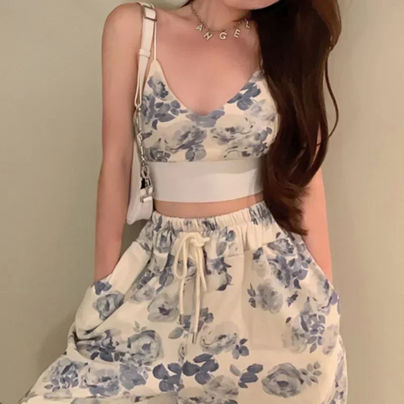 Korea 2 Piece Sets Womens Outifits Summer Clothes 2024 Floral V-Neck Spaghetti Strap Camisole and Drawstring Elastic Waist Pants