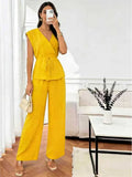 Elegant Women's Waist-cinched Shirt Trousers Suit Summer Casual V-neck Sleeveless Top Loose Wide-leg Trousers 2 piece Set Female