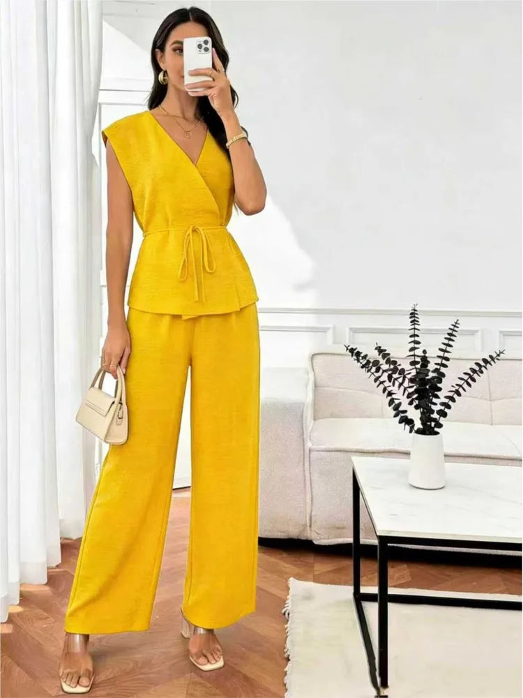Elegant Women's Waist-cinched Shirt Trousers Suit Summer Casual V-neck Sleeveless Top Loose Wide-leg Trousers 2 piece Set Female