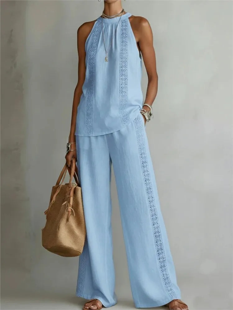Sexy Halter Neck Sleeveless Tops Women's Office Suit Summer New Fashion Loose Retro Hollow Lace Wide Leg Pants 2-piece Set 2026