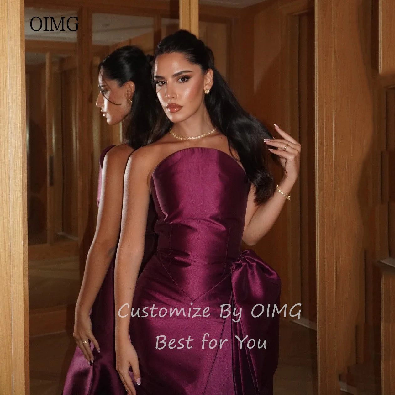 OIMG Classic Purple Strapless A Line Prom Gowns Satin Backless Formal Party Gown Floor Length Evening Dress Customized