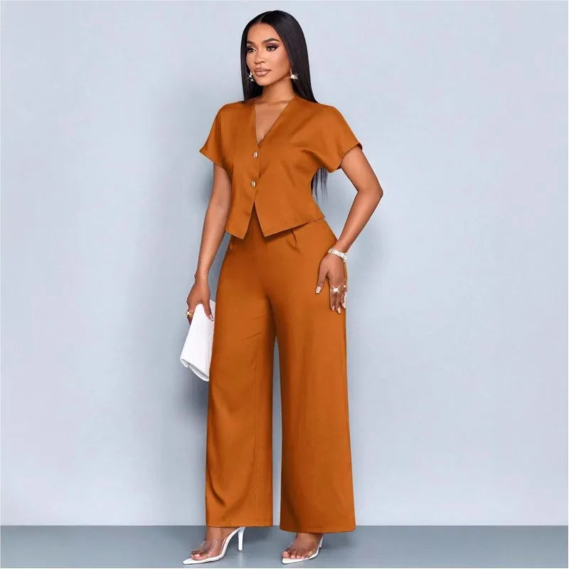 Two Piece Set Women 2026 Summer Fashion V-neck Short Sleeve Short Top & Casual Commuter High Waist Wide Leg Pants Set Outfit