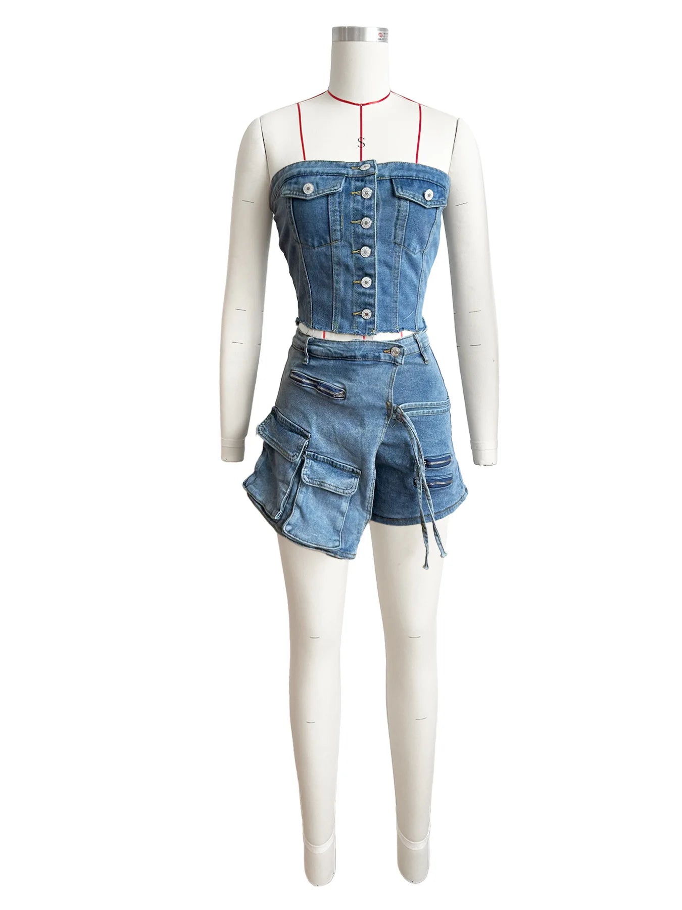 Multi Pockets Jeans Shorts Skirt Outfit Set Sexy Women Elegant Two Pieces Denim Club Matching Set Top+Shorts
