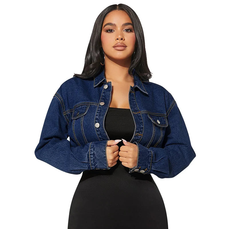 2025 High-waist Denim Extra Short Jacket Women Elastic-waist Jean Coat Spring Autumn Sexy Slim Outerwear Streetwear Casual Tops
