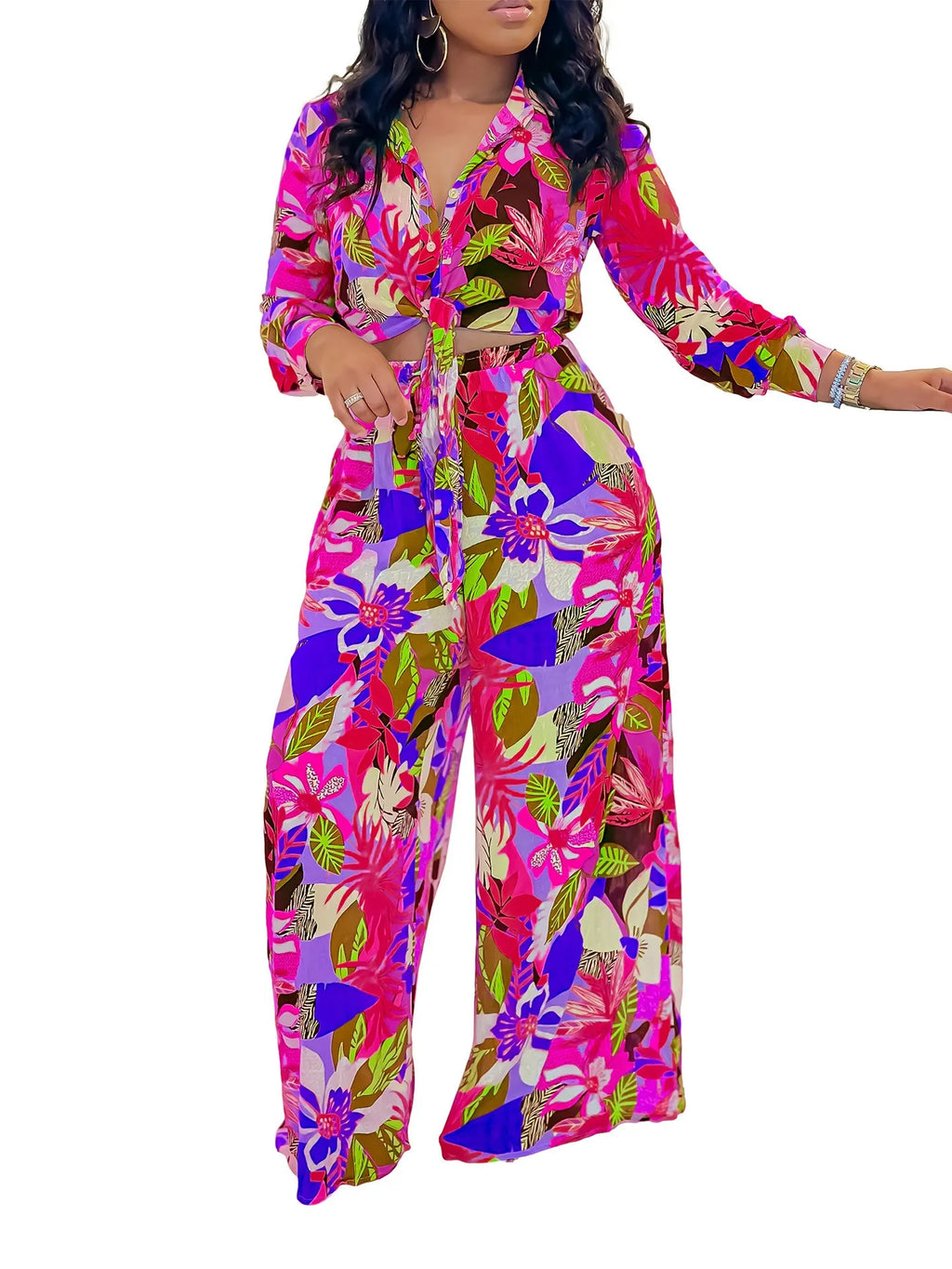 Summer Women's Clothing Floral Print Tie Waist Long Sleeve Shirt And Wide Leg Pants Set Elegant Two Suit Polyester
