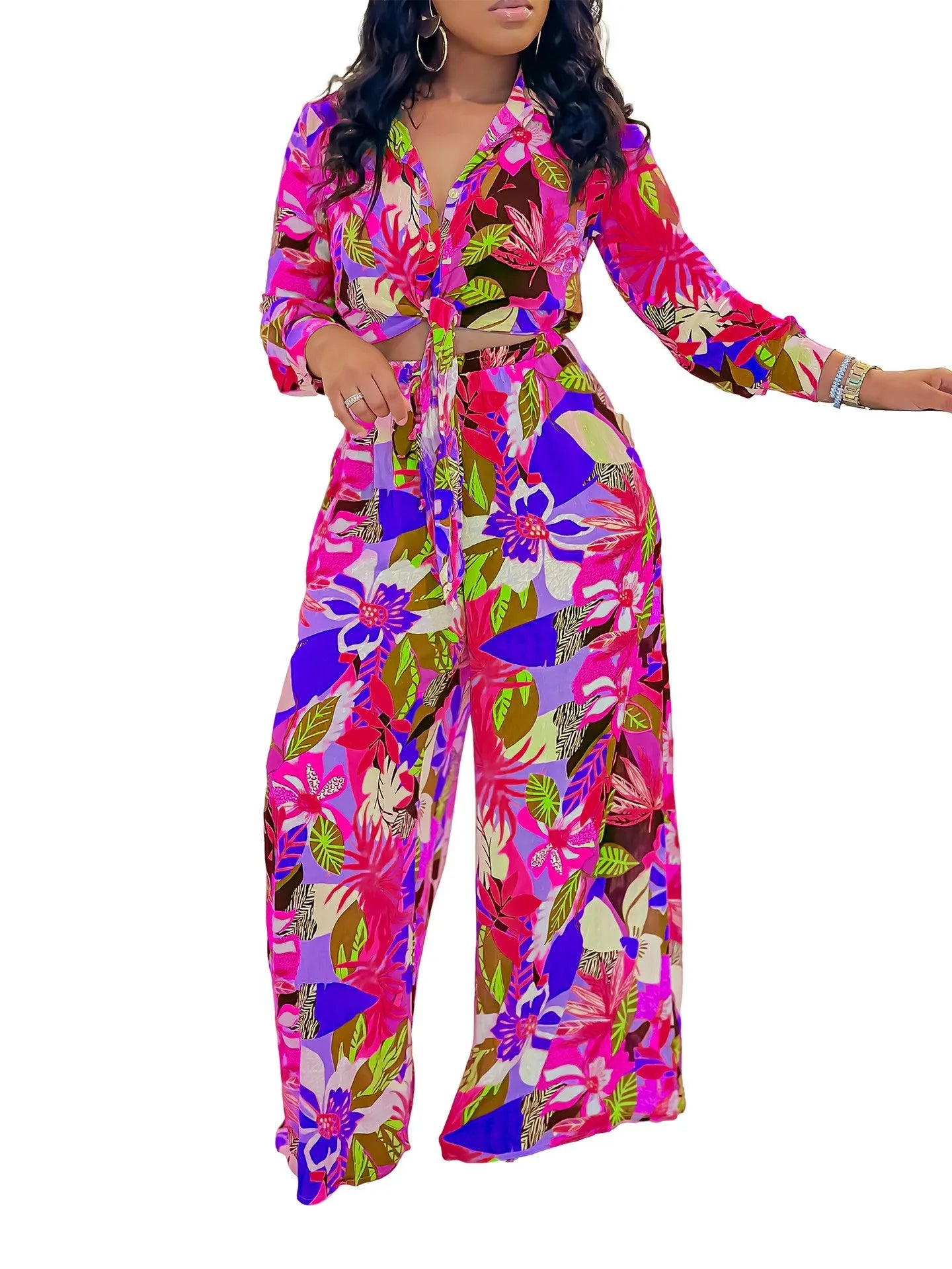Summer Women's Clothing Floral Print Tie Waist Long Sleeve Shirt And Wide Leg Pants Set Elegant Two Suit Polyester
