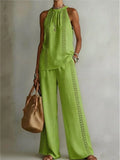 Sexy Halter Neck Sleeveless Tops Women's Office Suit Summer New Fashion Loose Retro Hollow Lace Wide Leg Pants 2-piece Set 2026