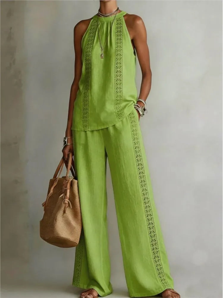 Sexy Halter Neck Sleeveless Tops Women's Office Suit Summer New Fashion Loose Retro Hollow Lace Wide Leg Pants 2-piece Set 2026