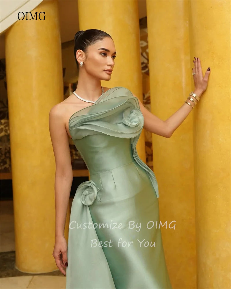 OIMG Green Strapless Mermaid Prom Gowns Satin Backless Tiered Formal Party Gown Floor Length Evening Dress 2026 Customized