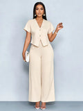 Two Piece Set Women 2026 Summer Fashion V-neck Short Sleeve Short Top & Casual Commuter High Waist Wide Leg Pants Set Outfit
