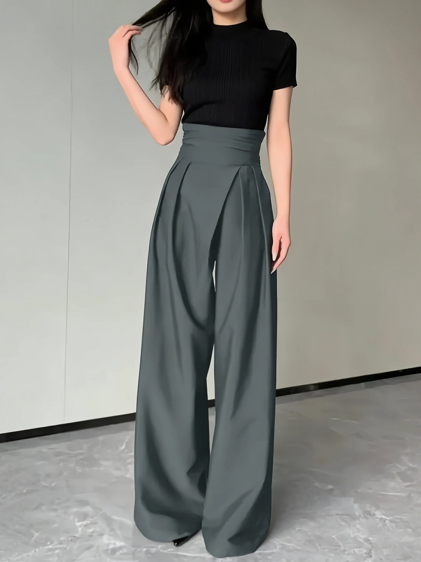 Women's Grey High Waist Wide Leg Suit Pants Pleated Wrap Waist Flowy Palazzo Pants Fashion Spring Summer Office Daily Trousers