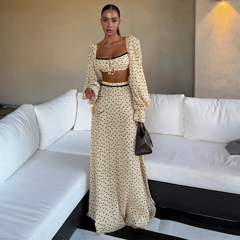 Sexy Dot Tank Top Skirt Women's Sets Beach Long Lantern Sleeve Slash Neck Top Trumpet Skirts 2026 Spring Summer Chic Lady Outfit