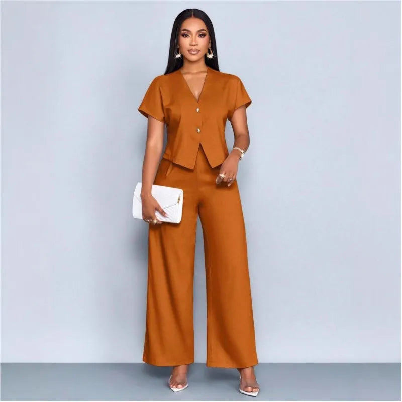 Two Piece Set Women 2026 Summer Fashion V-neck Short Sleeve Short Top & Casual Commuter High Waist Wide Leg Pants Set Outfit