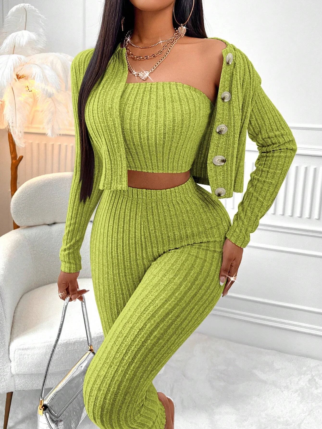 3-piece set of solid color camisole, front-button jacket, and leggings