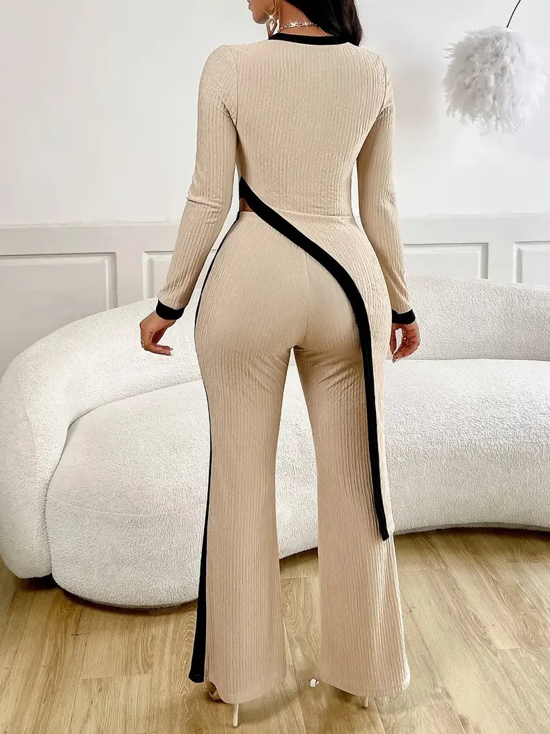 Elegant women's tight fitting asymmetrical hem pants top set for women