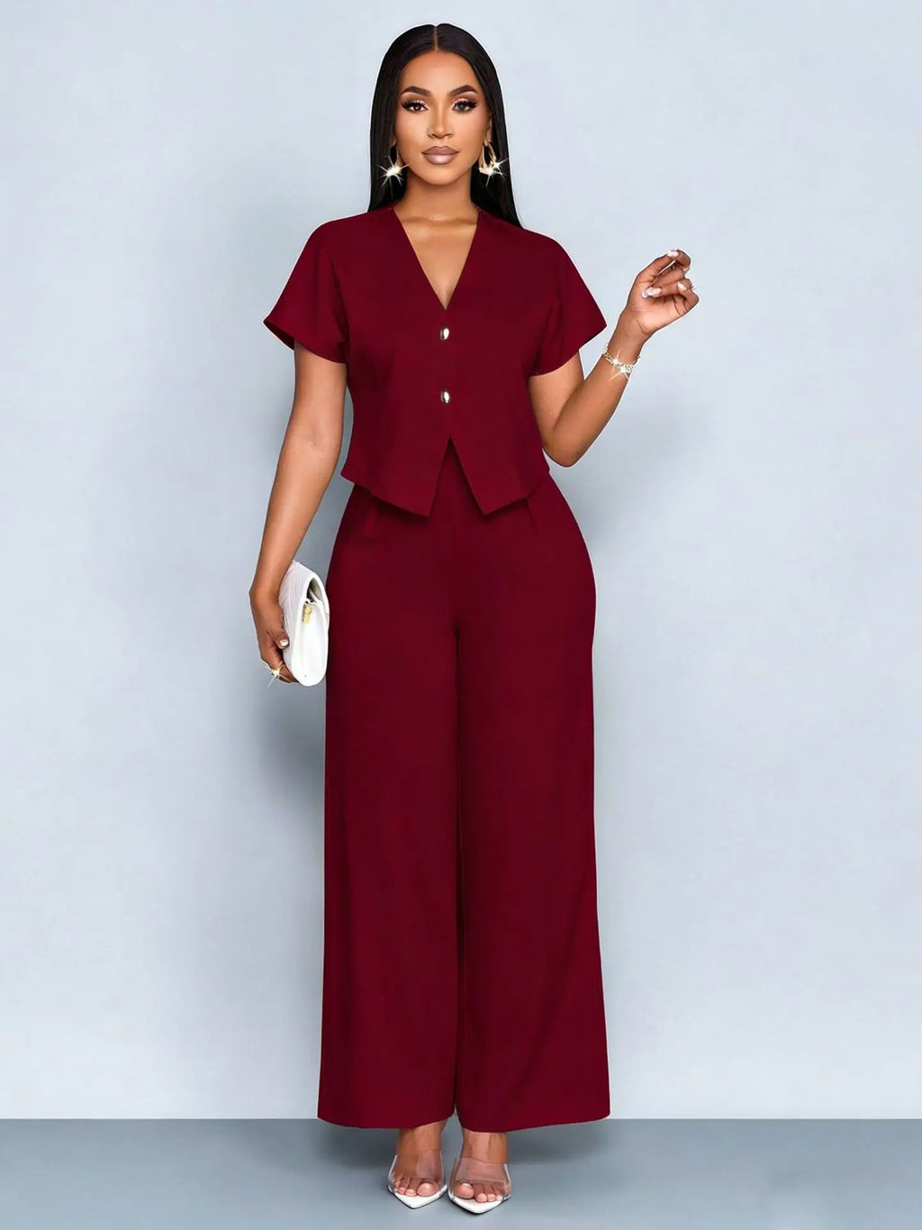 Two Piece Set Women 2026 Summer Fashion V-neck Short Sleeve Short Top & Casual Commuter High Waist Wide Leg Pants Set Outfit