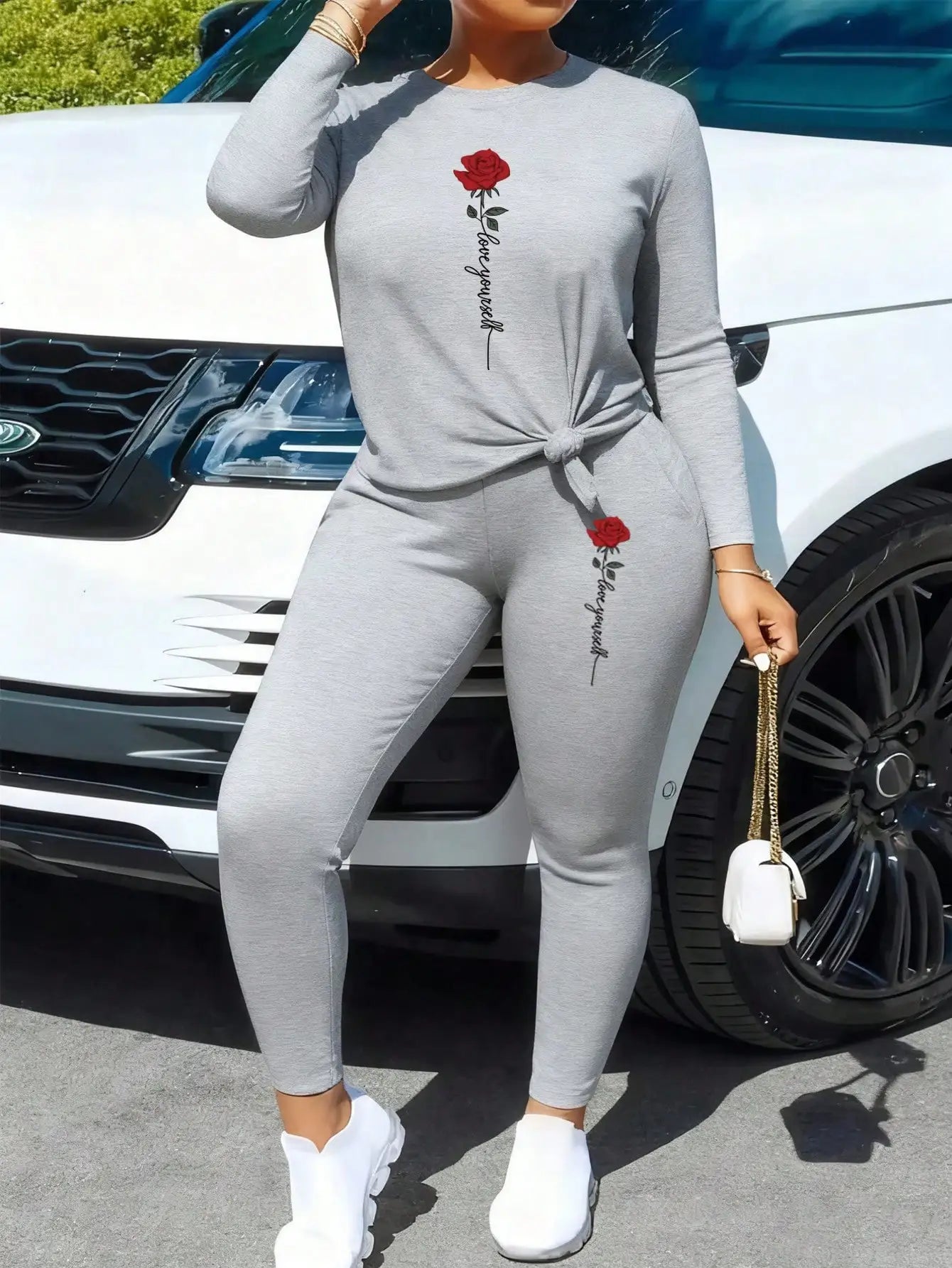 2026 Women's Casual Elegant Rose Printed Two Piece Solid Color Round Neck Long Sleeve T-shirt and Solid Color Printed Pants Set