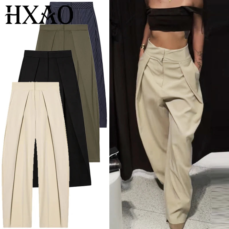 HXAO Striped Baggy Pants Women's Pants Autumn 2025 Elegant Pleated Wide Leg Oversized Trousers Ladies Fashion High Waist Pants