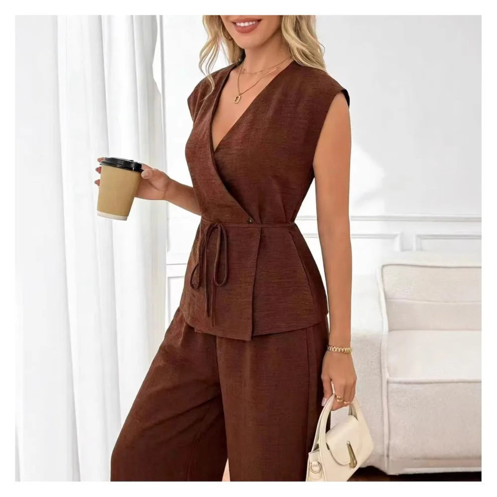 Elegant Women's Waist-cinched Shirt Trousers Suit Summer Casual V-neck Sleeveless Top Loose Wide-leg Trousers 2 piece Set Female