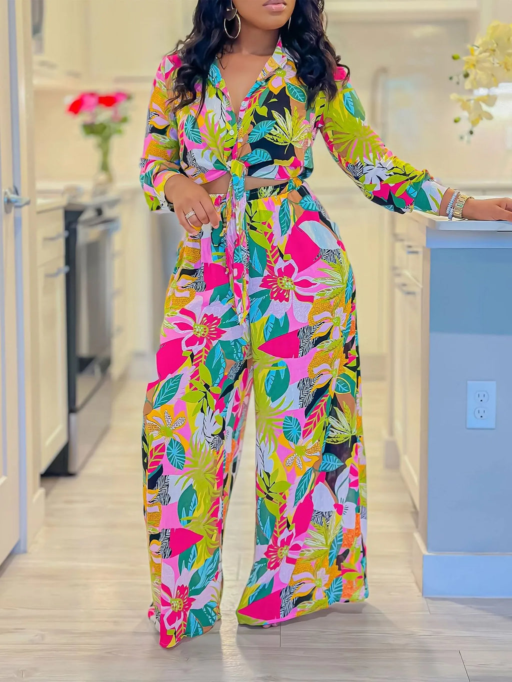 Summer Women's Clothing Floral Print Tie Waist Long Sleeve Shirt And Wide Leg Pants Set Elegant Two Suit Polyester