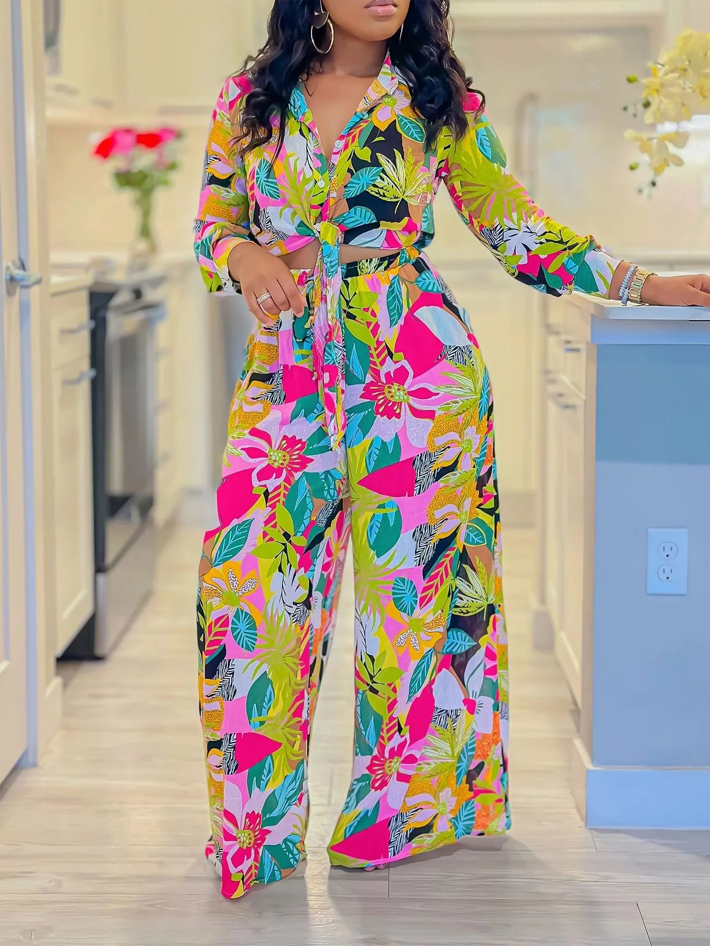 Summer Women's Clothing Floral Print Tie Waist Long Sleeve Shirt And Wide Leg Pants Set Elegant Two Suit Polyester