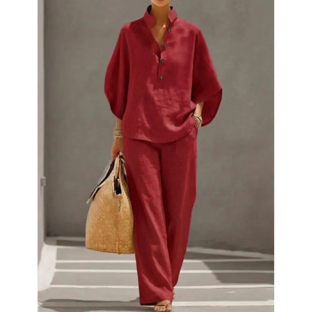 Fashion Cotton Linen Button Stand Collar 9 Quarter Sleeves Loose Women's 2-piece Suit Spring Casual Wide Leg Pants Suit Female