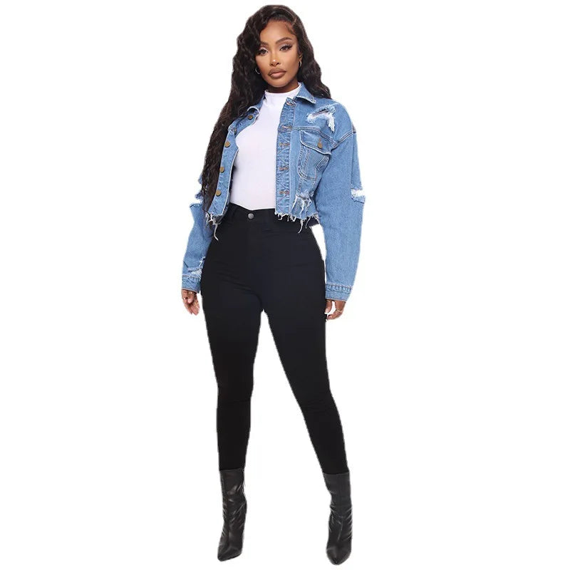 Washed Ripped Denim Short Jacket. New Fashionable Loose Casual Lapel Long-sleeved Denim Jacket for Women in Spring and Autumn