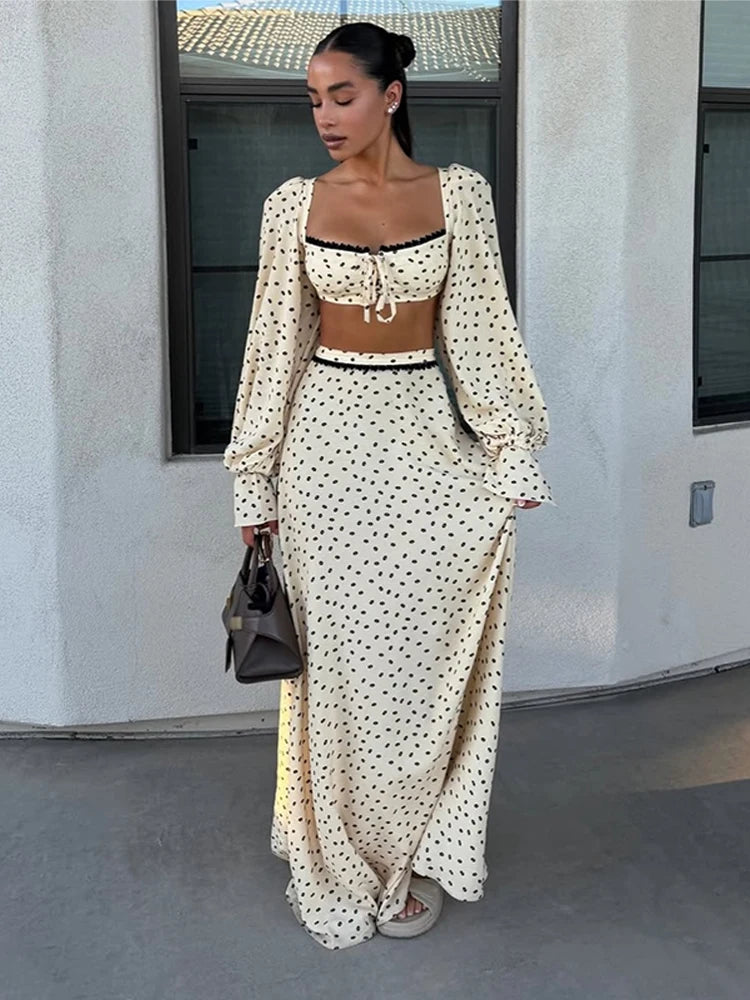 Sexy Dot Tank Top Skirt Women's Sets Beach Long Lantern Sleeve Slash Neck Top Trumpet Skirts 2026 Spring Summer Chic Lady Outfit