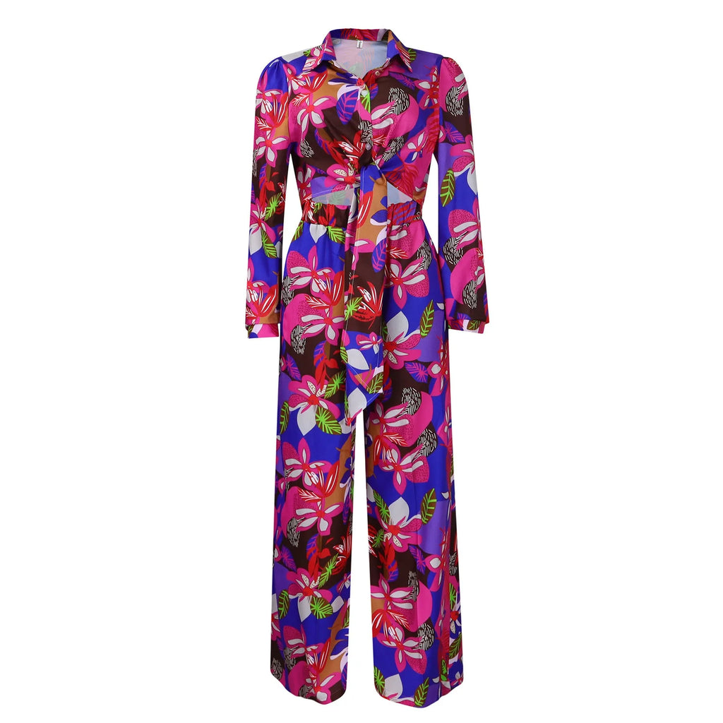 Summer Women's Clothing Floral Print Tie Waist Long Sleeve Shirt And Wide Leg Pants Set Elegant Two Suit Polyester