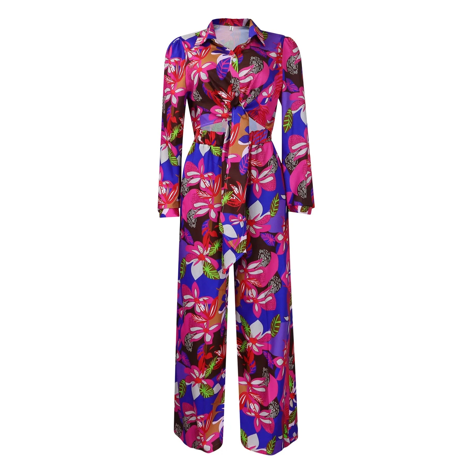 Summer Women's Clothing Floral Print Tie Waist Long Sleeve Shirt And Wide Leg Pants Set Elegant Two Suit Polyester