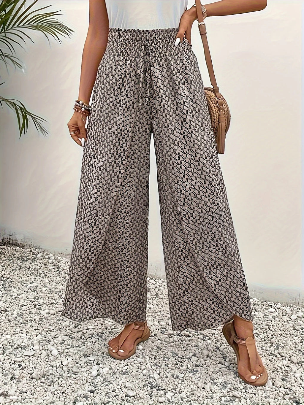 Spring Summer Women Elegant Wide Legs Pants Casual Vacation Beach Print Trousers Office Lady Loose High Waist Pants