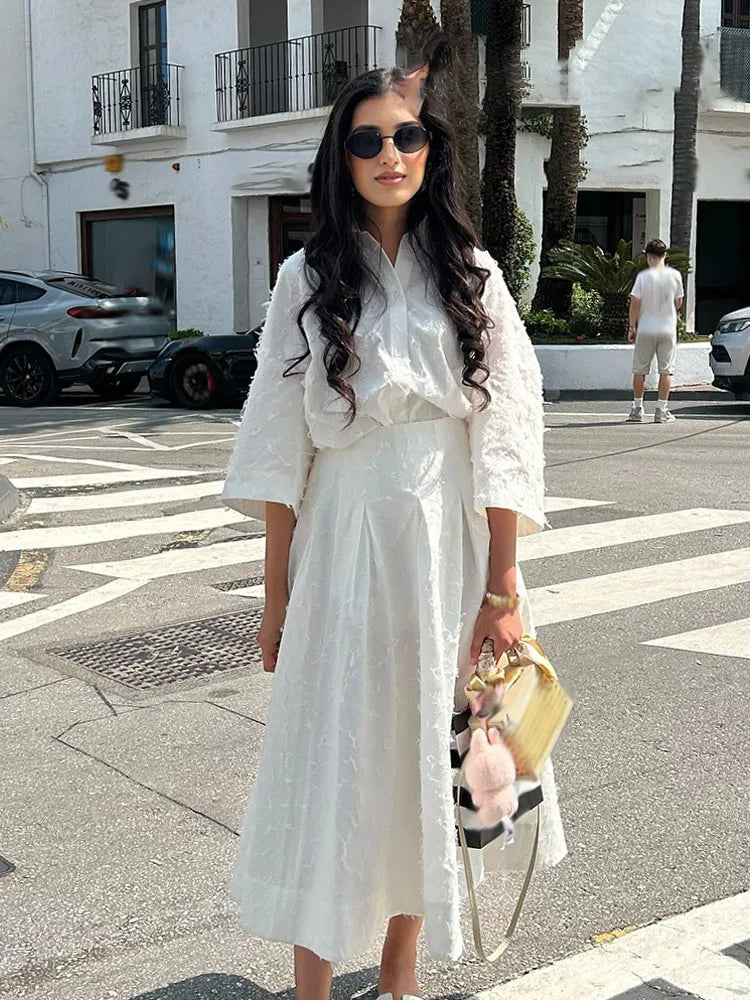 HH Women Tassel Sets White Turn-Down Collar Single-Breasted Shirts+High Waist Zipper A-Line Long Skirts Female Holiday Suit