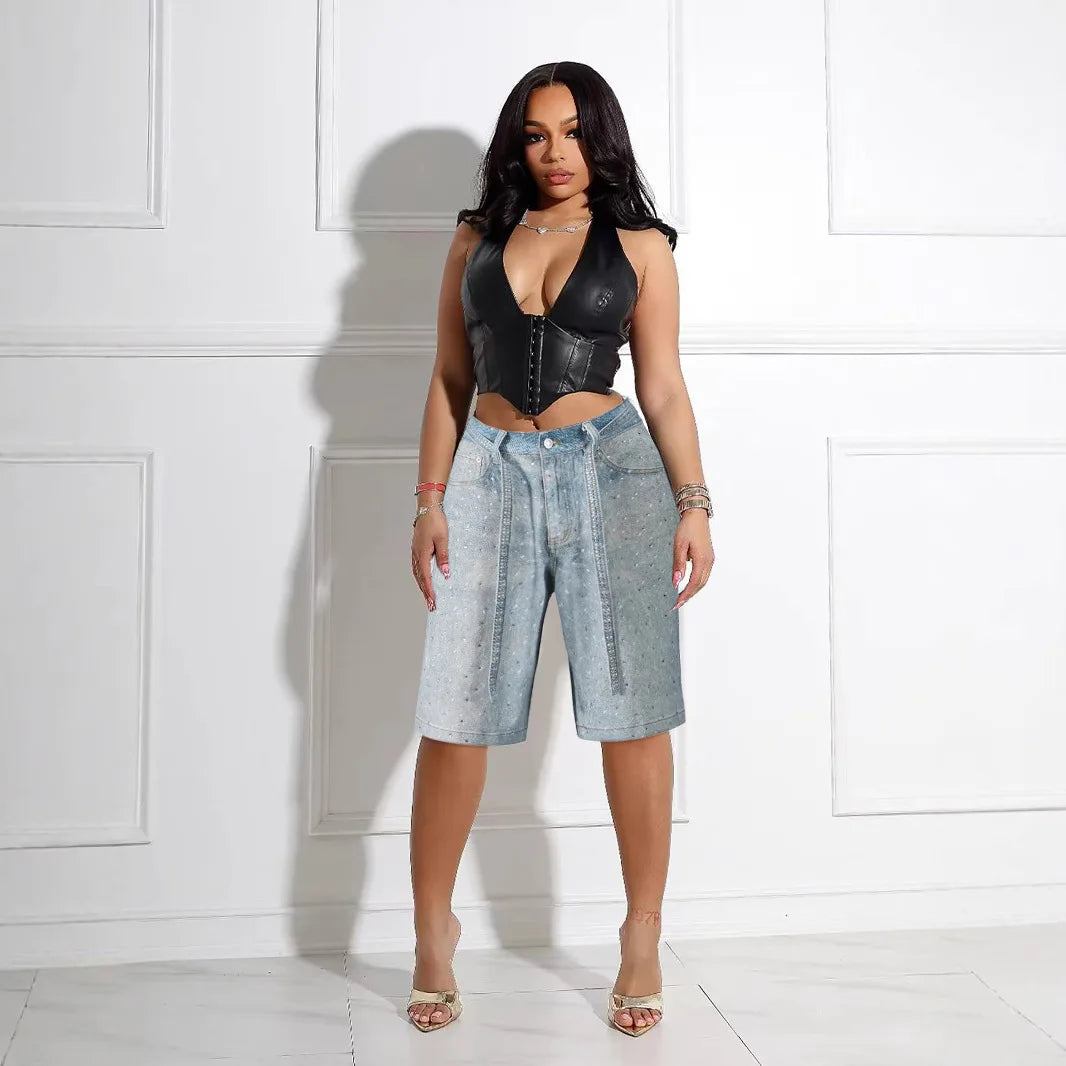 Knee Length Women Jeans High Waist Jean Denim Washed Pants Sashes Zipper Fly Distressed Straight Diamonds Summer Vintage