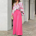 Fashion Print Set Women Casual Long Sleeve Button Shirt+Pockets High Waist Wide Leg Pants Office 2 Piece Sets Lady Spring Summer