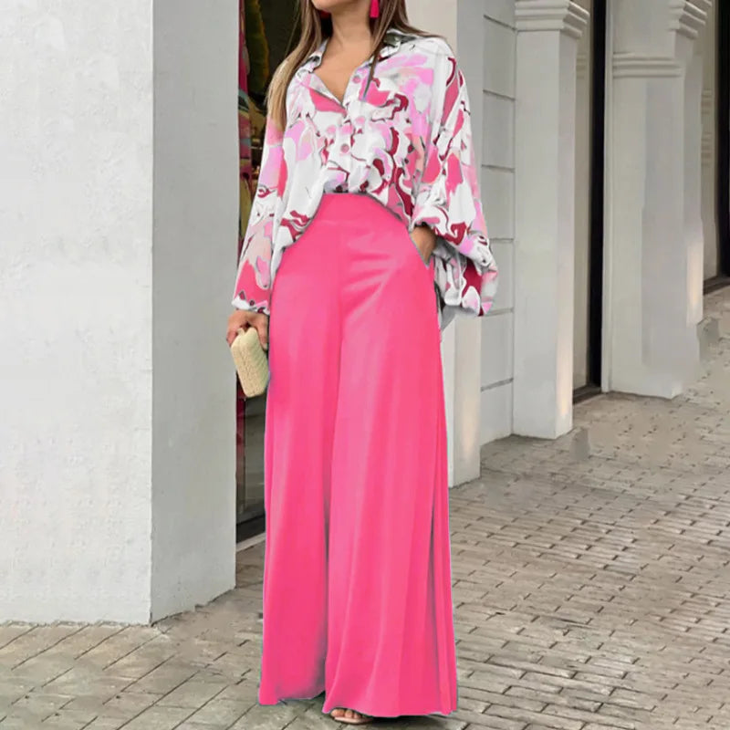 Fashion Print Set Women Casual Long Sleeve Button Shirt+Pockets High Waist Wide Leg Pants Office 2 Piece Sets Lady Spring Summer