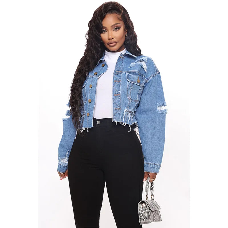 Washed Ripped Denim Short Jacket. New Fashionable Loose Casual Lapel Long-sleeved Denim Jacket for Women in Spring and Autumn