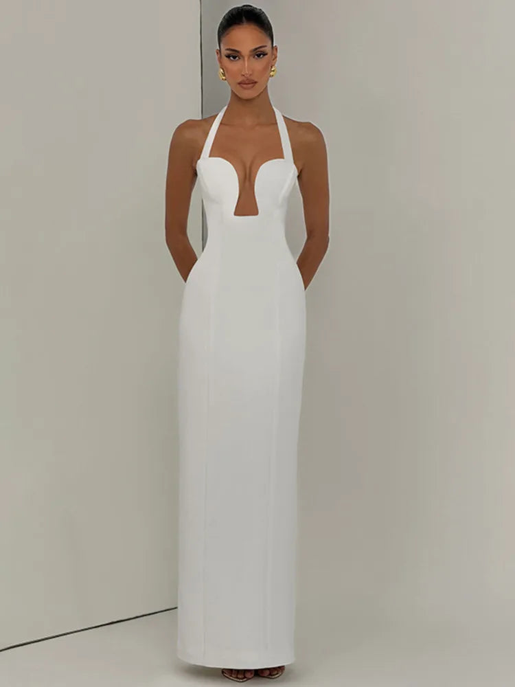 Mozision Halter Strapless Sexy Maxi Dress Women Elegant Deep V Neck Hollow Out Sleeveless Backless Bodycon Club Party Long Dress