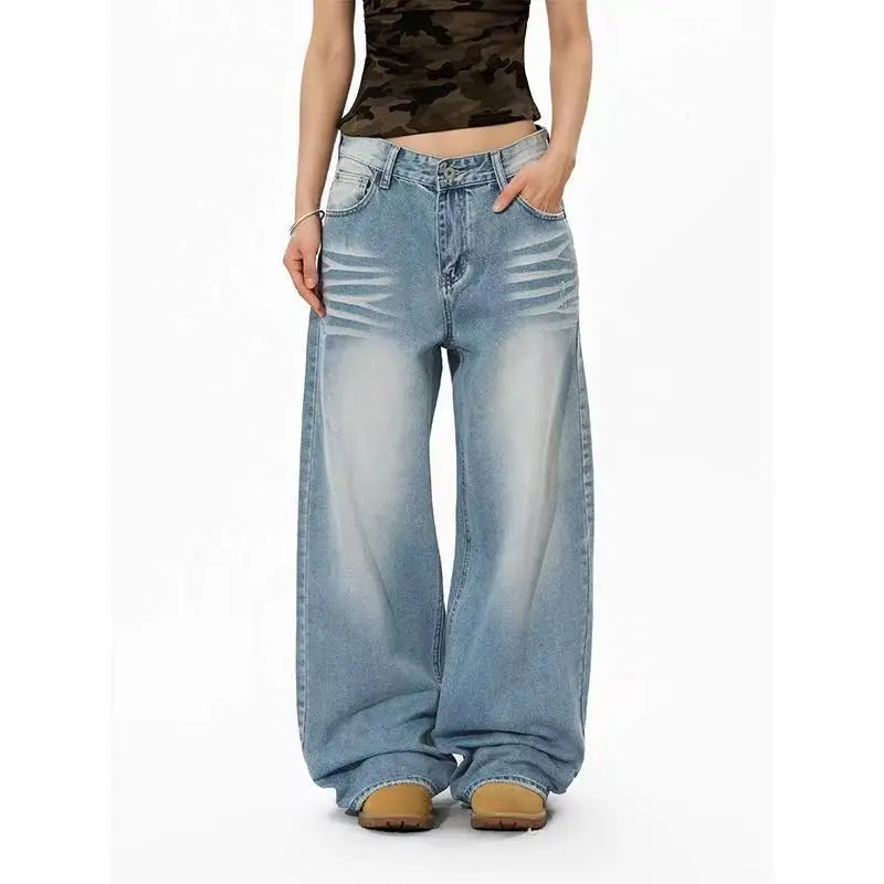 Vintage American style cross rivet plus size women loose straight leg wide leg pants Y2k casual ripped pants