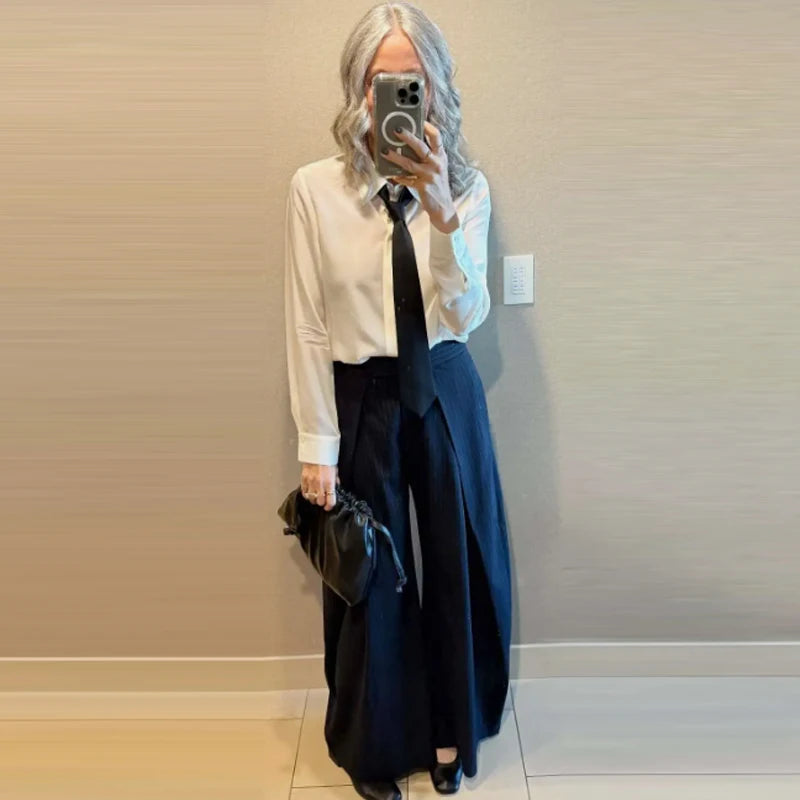 HXAO Striped Baggy Pants Women's Pants Autumn 2025 Elegant Pleated Wide Leg Oversized Trousers Ladies Fashion High Waist Pants